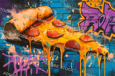 Pepperoni Pizza Slice Melting Against Vibrant Graffiti Brick Wall