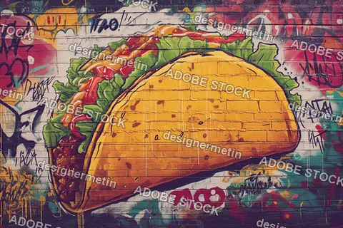 Large Yellow Taco Graffiti Art On Textured Brick Wall With Colorful Abstract Doodles