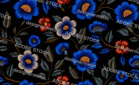 Seamless Embroidery Pattern With Blue And Red Flowers On Black Background