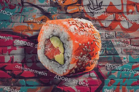 Fresh Salmon Avocado Sushi Roll With Sesame Seeds On Colorful Graffiti Brick Wall