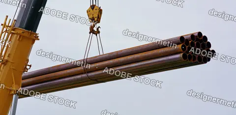 Heavy Industrial Crane Lifting Long Metal Pipes On Construction Site Under Sky