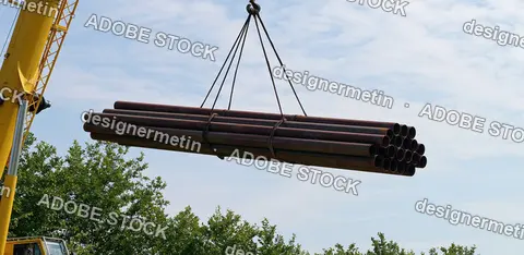 Metal Steel Pipes Being Lifted By Heavy Industrial Crane Against Blue Sky