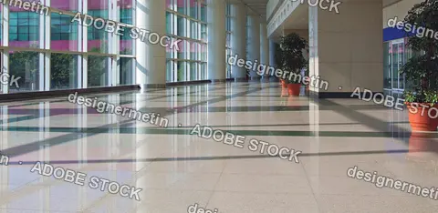 Modern Office Hallway With Polished Floor And Large Windows In Sunlight