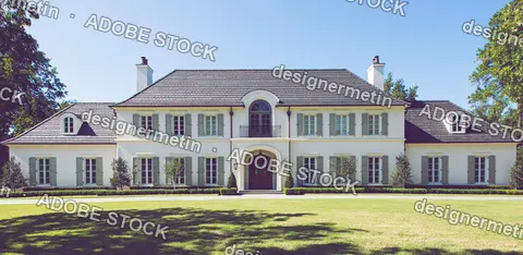 Large White Luxury Mansion With Grey Roof And Green Shutters On Green Lawn