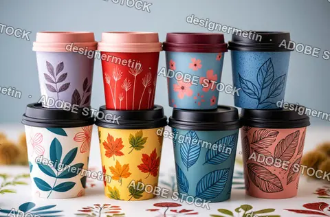 Collection Of Colorful Paper Coffee Cups With Floral And Leaf Patterns