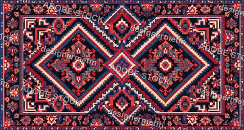 Oriental Rug Pattern Background With Geometric Diamonds And Floral Motifs