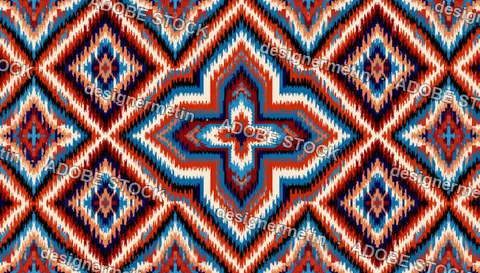 Ikat Pattern Background With Blue, Red, And White Geometric Diamond Shapes
