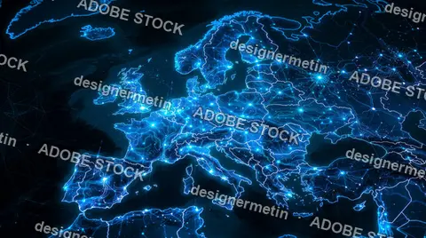 Digital Map Of Europe With Glowing Blue Light Network Lines On Dark Background
