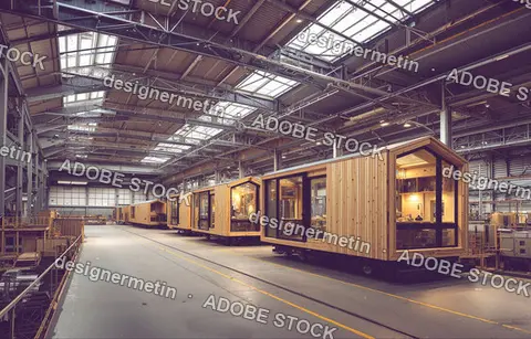 Modular Tiny Houses Under Construction In Large Industrial Factory Building