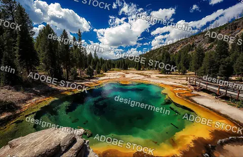 Hot Spring With Vibrant Green Water And Yellow Mineral Deposits In Forest