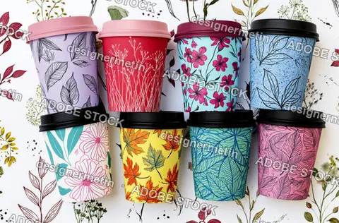 Paper Coffee Cups Decorated With Colorful Floral And Leaf Patterns In A Row
