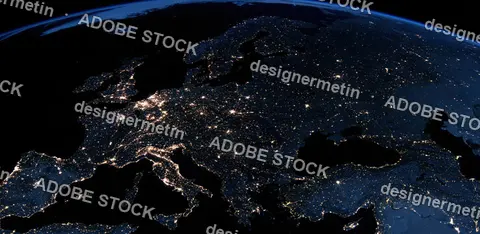 Satellite View Of Earth At Night Showing Glowing City Lights Across Europe From Space