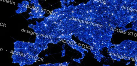 Illuminated Map Of Europe With Glowing Blue Network Lines And Digital Connection Points