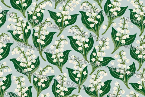 Seamless Floral Pattern Featuring Lily Of The Valley Flowers On Pale Blue Background
