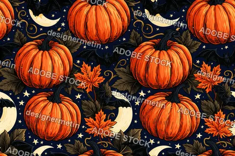 Seamless Halloween Pattern With Orange Pumpkins Bats Autumn Leaves And Moons