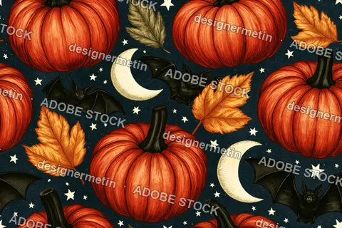 Seamless Halloween Pattern With Orange Pumpkins Bats And Crescent Moon On Dark Background