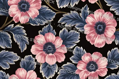 Seamless Floral Pattern Featuring Pink Anemone Flowers And Leaves On A Black Background