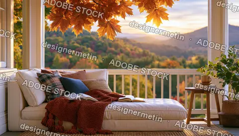 Cozy Porch Daybed With Pillows And Blanket Overlooking Autumn Mountains At Sunset
