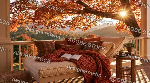 Cozy Autumn Porch Daybed With Knit Blanket Pillows And Scenic Mountain View