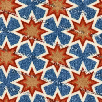 Seamless Geometric Star Pattern On Wool Carpet Texture In Blue And Orange Colors