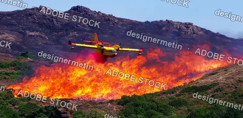 Yellow Firefighting Amphibious Aircraft Dropping Water Retardant Over Raging Wildfire