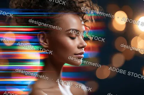Side Profile Of Serene Woman With Colorful Light Streaks And Bokeh Lighting