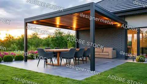 Modern Black Metal Pergola With Wooden Ceiling And Outdoor Dining Set At Sunset