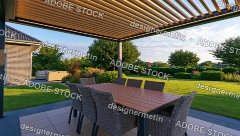 Modern Outdoor Dining Set Under Slatted Pergola On Sunny Backyard Patio