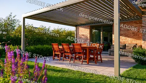Modern Aluminum Pergola Structure Over Outdoor Dining Table On Stone Patio