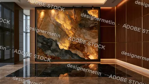 Large Abstract Marble Wall Art In Luxury Modern Lobby With Dark Tiled Floor