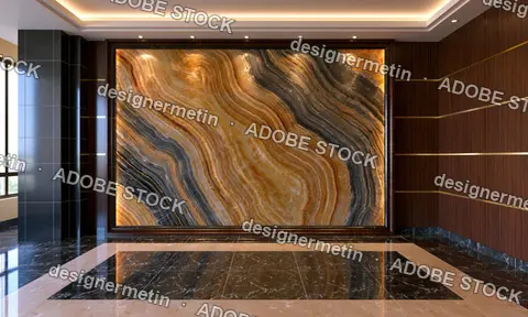Luxury Interior With Large Golden Onyx Marble Wall In Modern Lobby Hallway