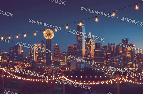 City Skyline At Night With Glowing String Lights And Urban Skyscrapers