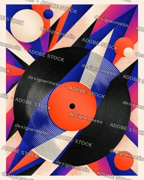 Colorful Retro Pop Art Background With Vinyl Record, Orange Disc, Blue Red Rays
