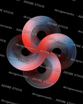 Abstract Neon Ribbon Circles Swirl Pattern On Black Background, Futuristic Digital Art
