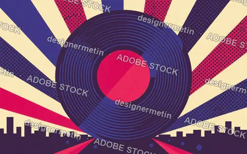 Vinyl Record Icon With Pink Circle And Geometric Sunburst Background Pop Art Style