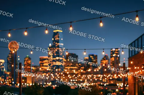 City Skyline At Dusk With Warm String Lights And Bokeh Buildings In Background