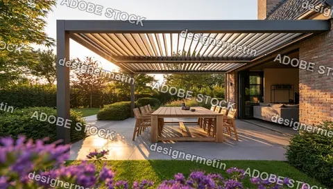 Modern Backyard Patio With Wooden Pergola, Outdoor Dining Table And Purple Flowers