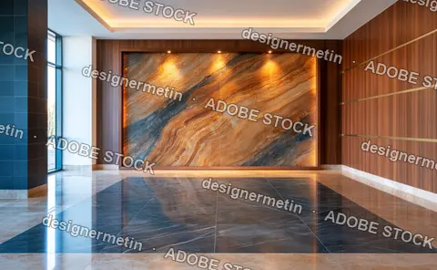 Luxury Indoor Lobby With Large Abstract Wall Art And Polished Marble Floor Lighting