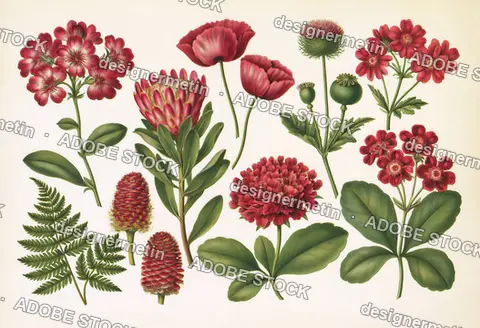 Red And Pink Botanical Flowers Illustration With Green Leaves On Light Background
