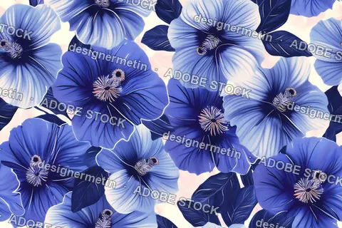Seamless Blue Hibiscus Floral Pattern With Large Tropical Flowers And Dark Leaves