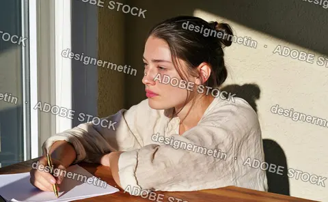 Young Woman Writing Notes With Pen At Wooden Table By Window In Sunlight