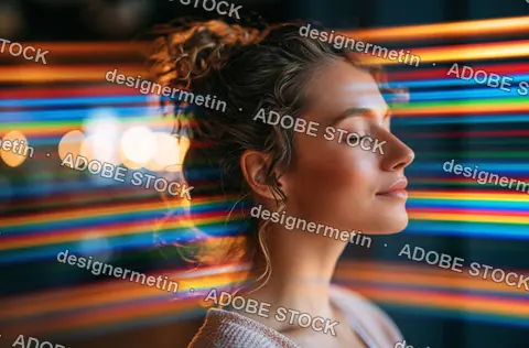 Woman Portrait In Profile With Eyes Closed, Colorful Light Trails Background