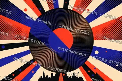 Vinyl Record With City Skyline Silhouette On Pop Art Background With Dots And Rays