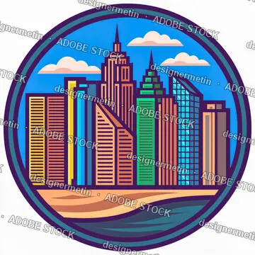City Skyline Illustration With Skyscrapers And River Under Blue Sky Inside Circle