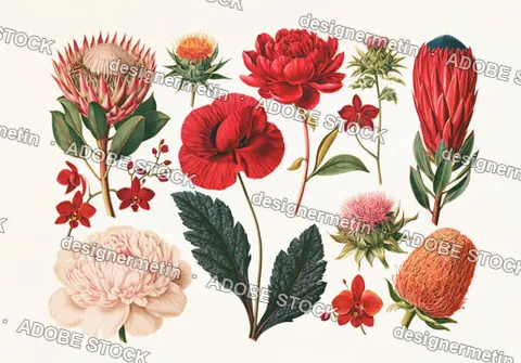 Red And Pink Wildflowers With Green Leaves On Light Cream Background, Collage