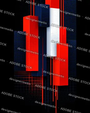 Abstract City Skyline With Red Glass Buildings On Dark Blue Digital Grid Background
