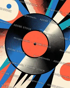 Vinyl Record On Pop Art Background With Geometric Rays, Halftone Dots And Bold Colors