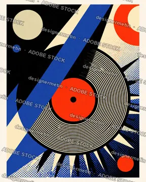 Vinyl Record Illustration With Pop Art Rays, Geometric Shapes, And Red Blue Accents