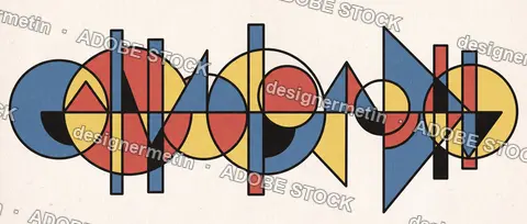 Geometric Abstract Composition With Circles, Triangles, Vertical Bars And Colorful Shapes