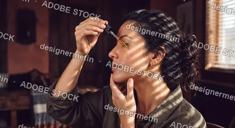 Woman Using Eyedropper For Facial Drops, Skincare Routine In Warm Indoor Lighting